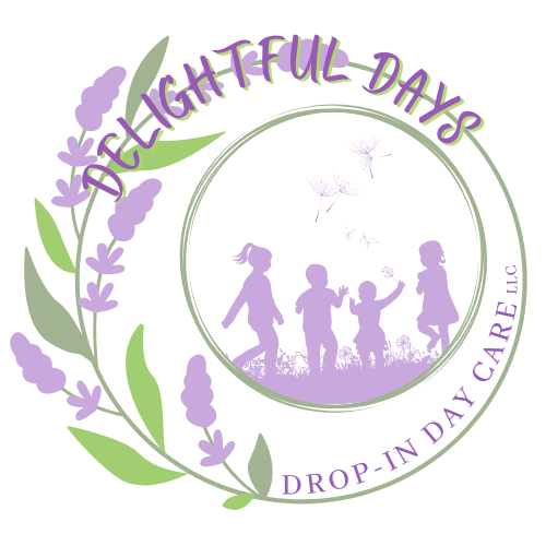 Drop-in daycare logo in purple and green